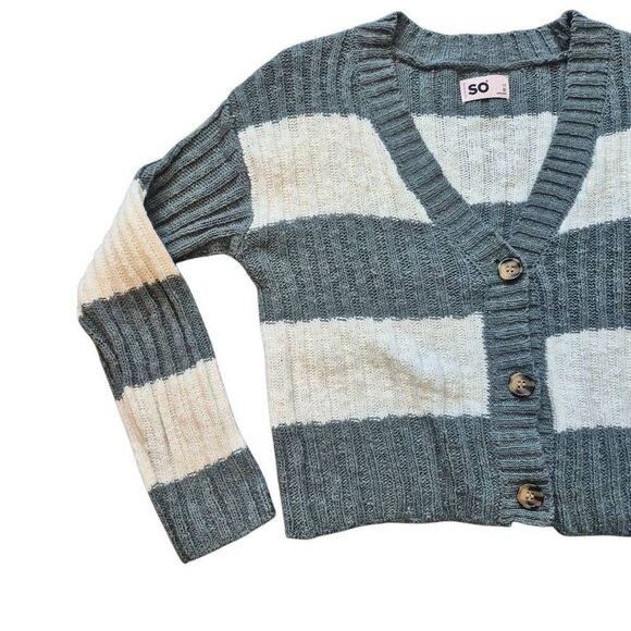 SO Women's Sage Green & White Cotton/Acrylic Striped Sweater Ribbed Knit Button - Picture 2 of 9